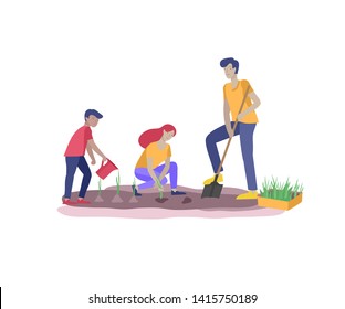 Collection of family hobby activities . Mother, father and children teach daughter to gardening and plant sprouts. Cartoon illustration