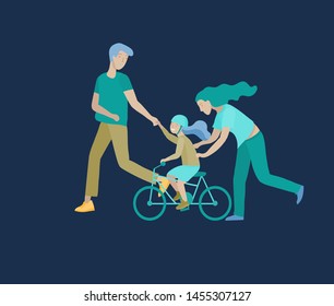 Collection of family hobby activities. Mother, father and children teach daughter to ride bike together. Cartoon vector illustration