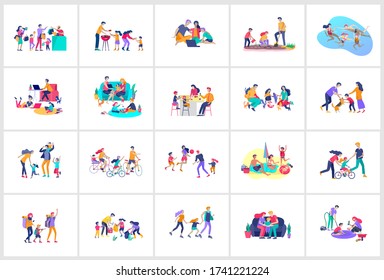 Collection of family hobby activities . Mother, father and children teach daughter to ride bike, play with dog corgi, read book and teach child, gardening and plant sprouts. Cartoon illustration