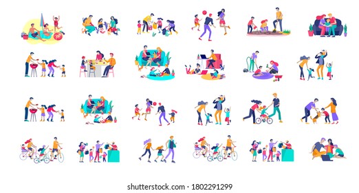Collection of family hobby activities . Mother, father and children teach daughter to ride bike, play with dog corgi, read book and teach child, gardening and plant sprouts. Cartoon illustration svg