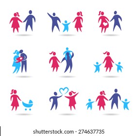 Collection of family icons - young couple in a relationship and with kids.