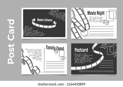 Collection Family Movie Night Black And White Postcard Vector Illustration. Set Vintage Postal Card Film Tape Delivery Mark Mail Address Correspondence Shipping Decorative Design With Place For Text