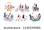 Collection of family outdoor recreational activities. Mother, father and children sunbathing, riding bikes, walking, swimming, roller skating, preparing barbecue together. Cartoon vector illustration.