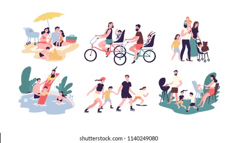 Collection of family outdoor recreational activities. Mother, father and children sunbathing, riding bikes, walking, swimming, roller skating, preparing barbecue together. Cartoon vector illustration.