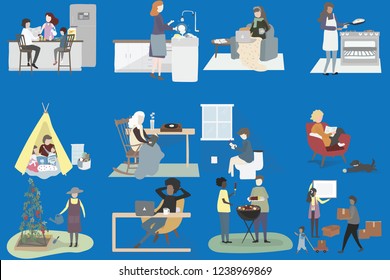 
Collection of family outdoor recreational activities. Mother, father and children sunbathing, riding bikes, walking, roller skating, preparing barbecue together. Cartoon vector illustration.