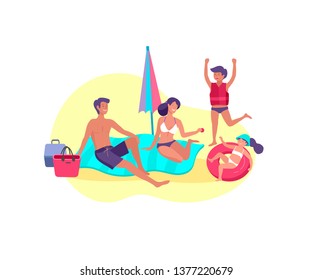 Collection of family summer hobby activities. Mother, father and children sunbathing, swimming, traveling together. Cartoon vector illustration