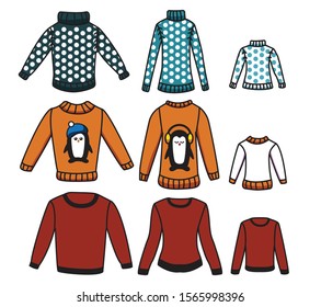 Collection of family sweaters. Funny clothes. Cozy warm winter clothes. Blue Polka Dot dotted Sweaters, Orange Penguin sweaters