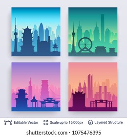 Collection of famous chinese city scapes. Flat well known silhouettes. Vector illustration easy to edit for flyers or web banners.