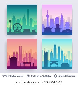 Collection of famous chinese city scapes. Flat well known silhouettes. Vector illustration easy to edit for flyers or web banners.