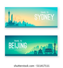Collection of famous city capes. Flat well known silhouettes. Vector illustration easy to edit.