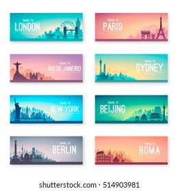 Collection of famous city capes. Flat well known silhouettes. Vector illustration easy to edit.