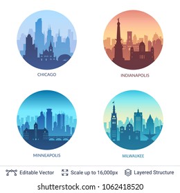 Collection of famous city scapes. Flat well known silhouettes. Vector illustration easy to edit for flyers, posters or book covers.