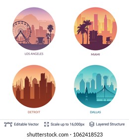 Collection of famous city scapes. Flat well known silhouettes. Vector illustration easy to edit for flyers, posters or book covers.