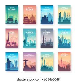 Collection of famous city scapes. Flat well known silhouettes. Vector illustration easy to edit.