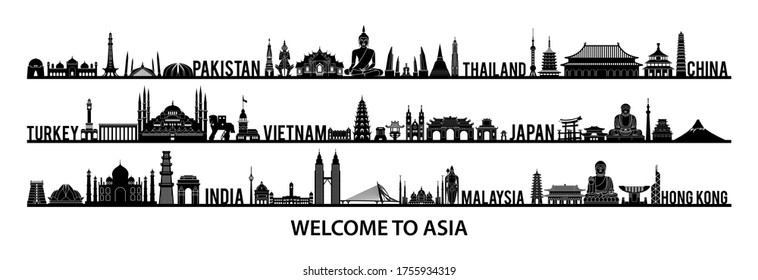 collection of famous landmarks of Asia silhouette style with black and white color,vector illustration