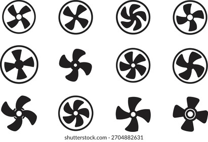 Colección de los iconos de la hoja del ventilador Ilustración vectorial en blanco y negro