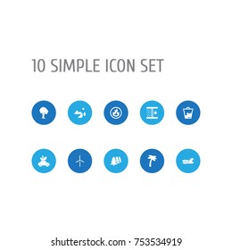 Collection Of Fan, Trash Bin, Wood And Other Elements.  Set Of 10 Ecology Icons Set. 