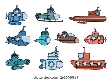 Collection of fanciful submarines are isolated on white, playful, cartoon underwater vehicles