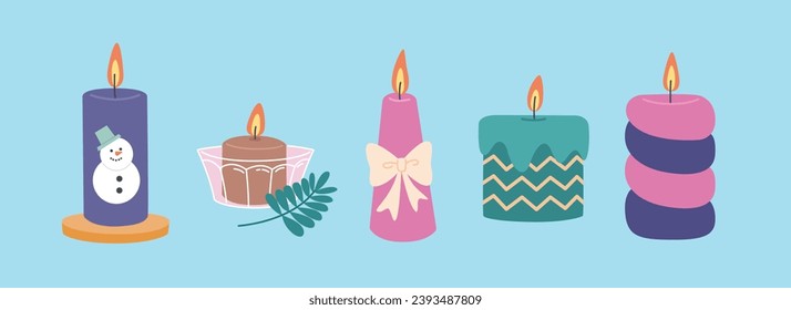 Collection of fancy scented candles. Relax and aromatherapy. Craft design set for decoration home or spa. Candlelight with wick and wax. Flat cartoon style vector illustration
