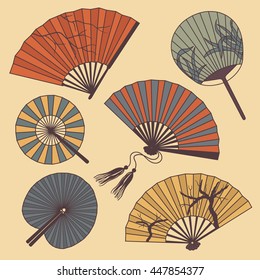 Collection of fans: hand drawn icon. Doodle set of objects. Cartoon background vector