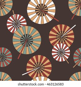 Collection of fans hand drawn seamless pattern. Doodle colorful backdrop with icon set. Vector illustration with traditional accessories