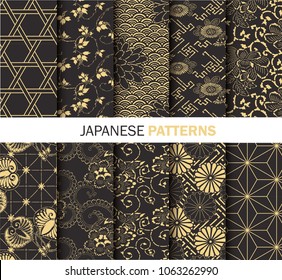 Collection of fans seamless pattern black and gold vector. Illustration with asian traditional accessories, hand drawn background. Decorative wallpaper, good for printing.
