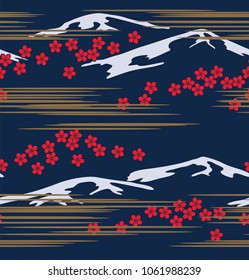 Collection of fans seamless pattern vector. Colorful backdrop with Japanese Mount Fuji. Illustration with asian traditional accessories, hand drawn background. Decorative wallpaper, good for printing