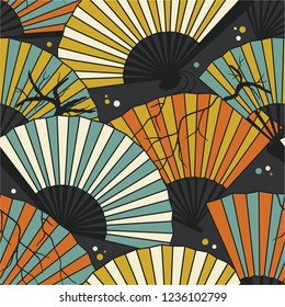 Collection of fans seamless pattern vector. Colorful overlapping backdrop. Illustration with asian traditional accessories, hand drawn background. Decorative wallpaper, good for printing