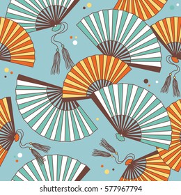 Collection of fans seamless pattern vector. Colorful backdrop with icons set. Illustration with asian traditional accessories, hand drawn background. Decorative wallpaper, good for printing