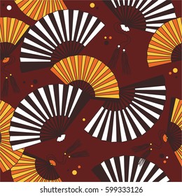 Collection of fans seamless pattern vector. Colorful backdrop with icons set. Illustration with asian traditional accessories, hand drawn background. Decorative wallpaper, good for printing