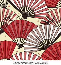 Collection of fans seamless pattern vector. Colorful backdrop with icon set. Illustration with asian traditional accessories, hand drawn background. Decorative wallpaper, good for printing