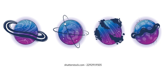 Collection of Fantastic alien planets, moons and moons, magical fantasy world, space objects in gradient colors with bubbles, rings for custom space game. Magic colorful universe