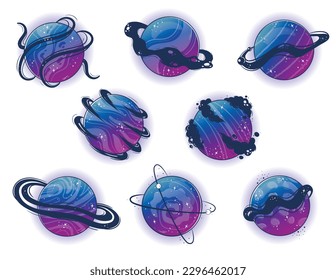 Collection of Fantastic alien planets, moons and moons, magical fantasy world, space objects in gradient colors with bubbles, rings for custom space game. Magic colorful universe