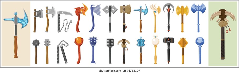 A collection of fantasy axe and mace weapon icons