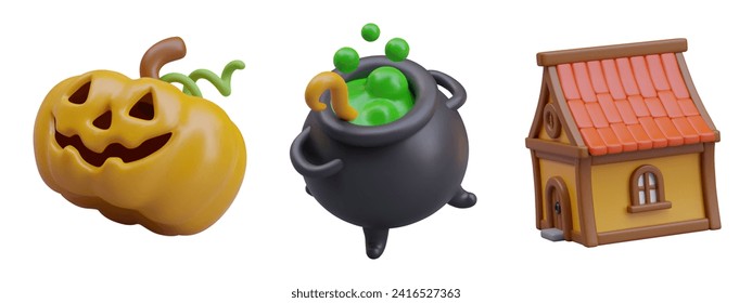 Collection of fantasy house with red roof, cartoon vat with boiling toxic potion, and Jack o lantern pumpkin with spooky face. Vector illustration in 3d style with white background