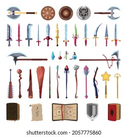 Colección de inventario de fantasía para crear juegos de computadora. Objetos detallados aislados en el fondo blanco.