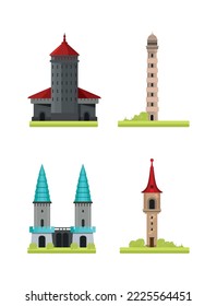 Collection of fantasy towers. Fairy castles and structures.