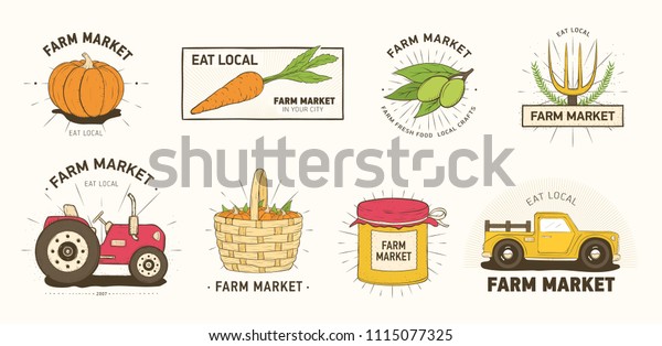 Collection of farm or agricultural market logo or\
labels with vegetables, farmer\'s machines, tools and equipment\
isolated on white background. Colorful vector illustration in\
modern line art\
style.