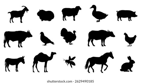 Collection of farm animal silhouettes, perfect for farm themed designs, vector illustrations
