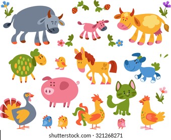 Collection of farm animals and bird. Simple vector illustration.