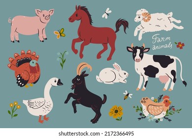 Collection of farm animals and birds. Vector graphics.