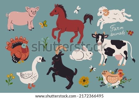 Collection of farm animals and birds. Vector graphics.