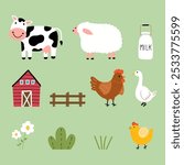 Collection of farm animals in cartoon style. Cow, chicken, sheep, goose, grass. Vector illustration isolated on green background.