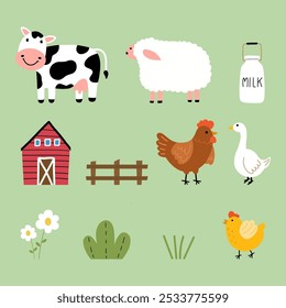 Colección de animales de granja en estilo de dibujos animados. Vaca, pollo, oveja, ganso, hierba. Ilustración vectorial aislada sobre fondo verde.