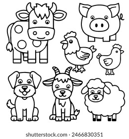 collection of farm animals in clean bold line art style