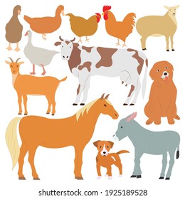 Collection of farm animals with cows, horses, chickens, roosters, goats, sheep, ducks, donkeys and geese