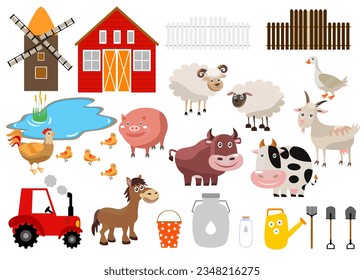Collection of farm animals in flat style Illustration with cow, pig, chicken, goose, goat, sheep, horse, chick, mill, barn, tractor, fence, bucket, milk bottle, shovel. Isolated on white background.