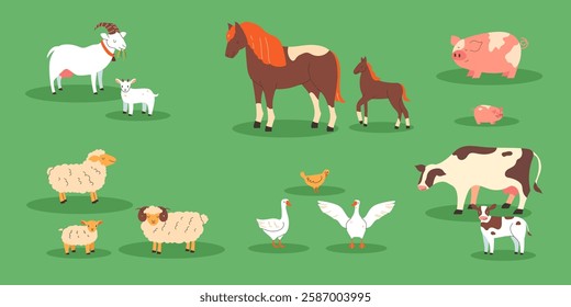 Collection of farm animals in flat style on a green background