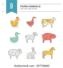 Collection of farm animals including goat, goose, chicken, cow. Livestock collection. Animal symbols.
