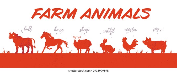 Collection of farm animals livestock red colored textured silhouettes in row isolated on white background. Side view. Vector flat illustration. For banners, cards, advertising, congratulations, logo.